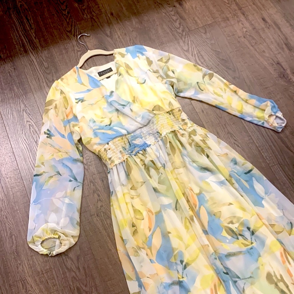 Long Sleeve Midi Maxi Dress Laundry Shelli Segal Sz 10 Yellow Blue White Floral